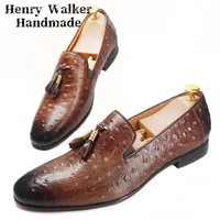 elegant men leather shoes casual shoes ostrich skin prints round toe tassel loafers slip on office wedding men dress summer shoe