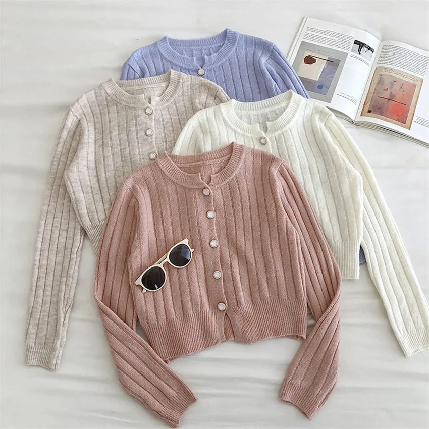Korean Fashion Chic Solid Elegant Sweater Cardigan Women O-Neck Knitted Coat Short Outwear Cropped |