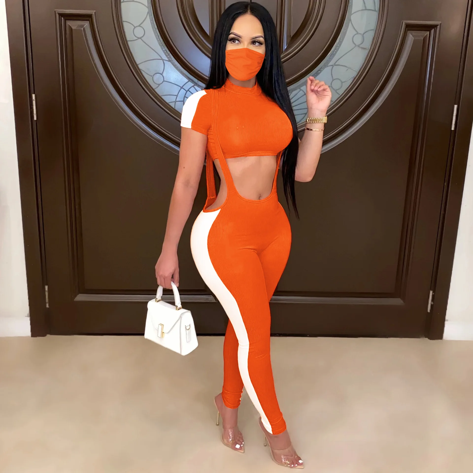 Sexy Club Women 2 Peice Set Turtleneck Crop Top + Sling Pencil Pants Stripe Fabric Summer Night Party Outfits Matching Sets |