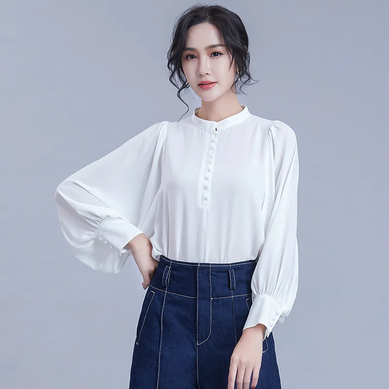 

2020 autumn new women's lantern long-sleeved stand-up collar solid color chiffon shirt single-breasted temperament loose top