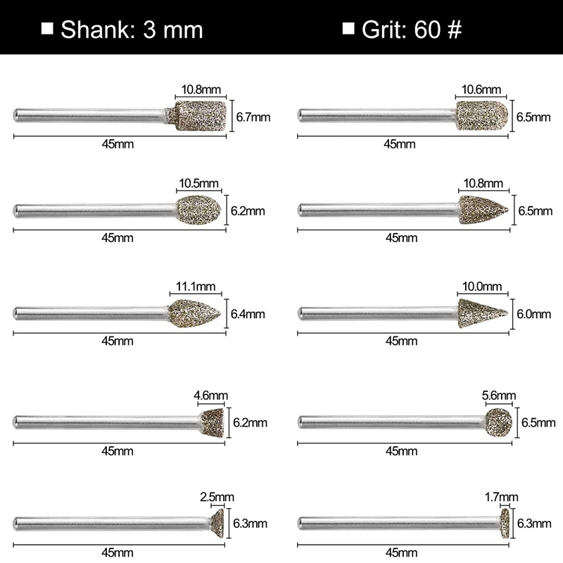

20Pcs Diamond Burr Set Rotary Grinding Burrs Drill Bits Set with 1/8-Inch Shank, Stone Carving Accessories