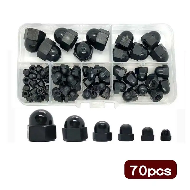 

70 шт./компл. черный или белый Пластик шестигранные колпачковые гайки M3 M4 M5 M6 M8 M10 нейлон Кепки гайка болты с шестигранной головкой купол Кепки...