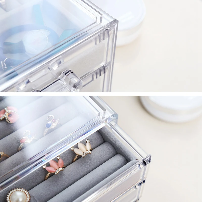 

Drawers Jewelry Organizer Box For Necklaces Case 3 Layers Earring Storage Display Tray Ring Makeup Holder Bin