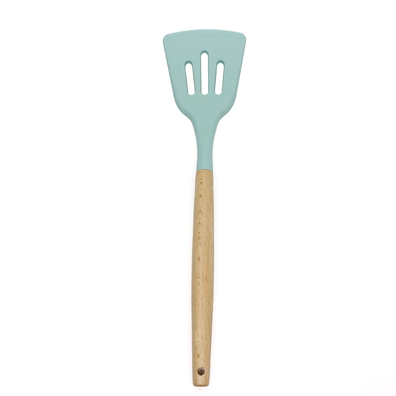 Slotted Turner-Blue 9 видов стилей в розницу силиконовые кухонные инструменты силиконовая деревянная ручка ложка лопатка Черпак антипригарная кухонная посуда кухонные приспособления для выпечки - Цвет: Slotted Turner-Blue