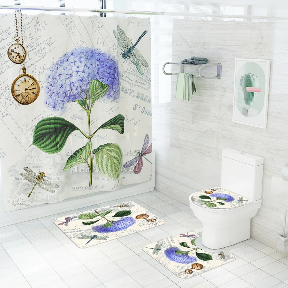 

Polyester Shower Curtain Bathroom Non-slip Bath Mat Flannel Absorbent Door Mat Carpet Soft Floor Mat Toilet Lid Mat Doormat Set