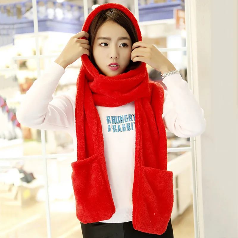 

Warm Casual Plush Hats Winter Ear Hat Scarf Gloves Set Women Solid Color Multi-function Thickening Fleece Girl Hat Accessories