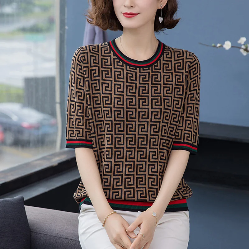 Женский свободный пуловер с коротким рукавом в стиле ретро