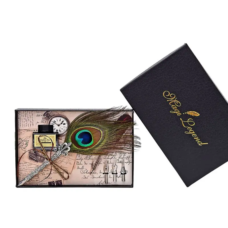 

L21B Vintage Handmade Peacock Feather Quill Dip Fountain Pen + Writing Ink 3 Nibs Kit Set with Gift Box