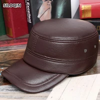siloqin mens flat cap genuine leather hat man autumn winter warm sheep skin military hat adjustable ear protection leisure hats