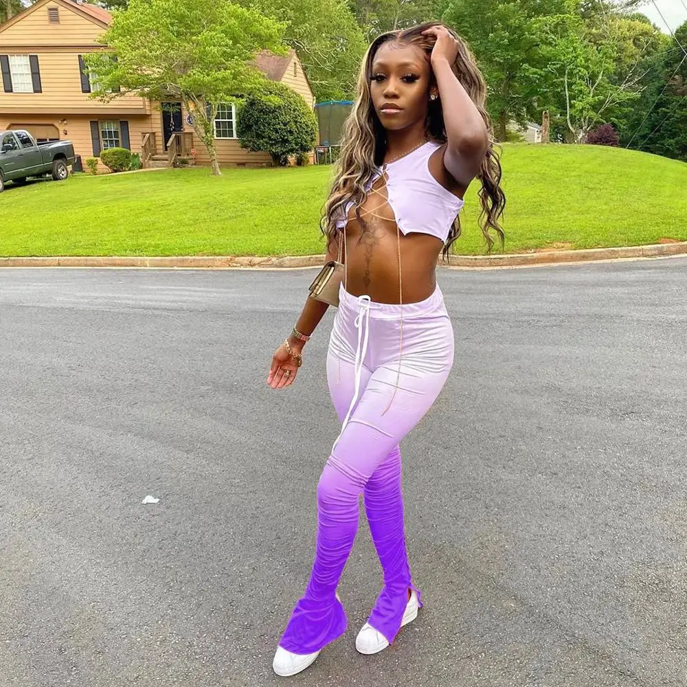 

Sweatpants Women Flare Pants Ladies Stacked Joggers Pleated High Waist Trousers Split Bell Bottom Pants Female 6 Color Two-Piece