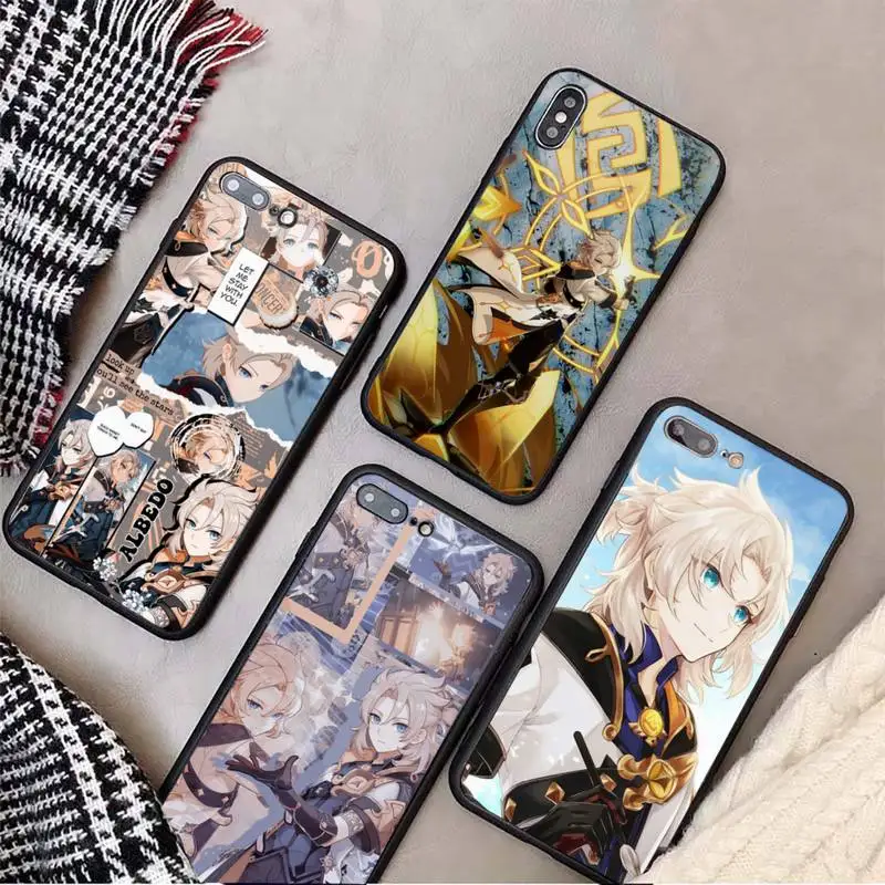 

Anime Genshin Impact Albedo Phone Case Tempered glass For iphone 6 7 8 plus X XS XR 11 12 13 PRO MAX mini