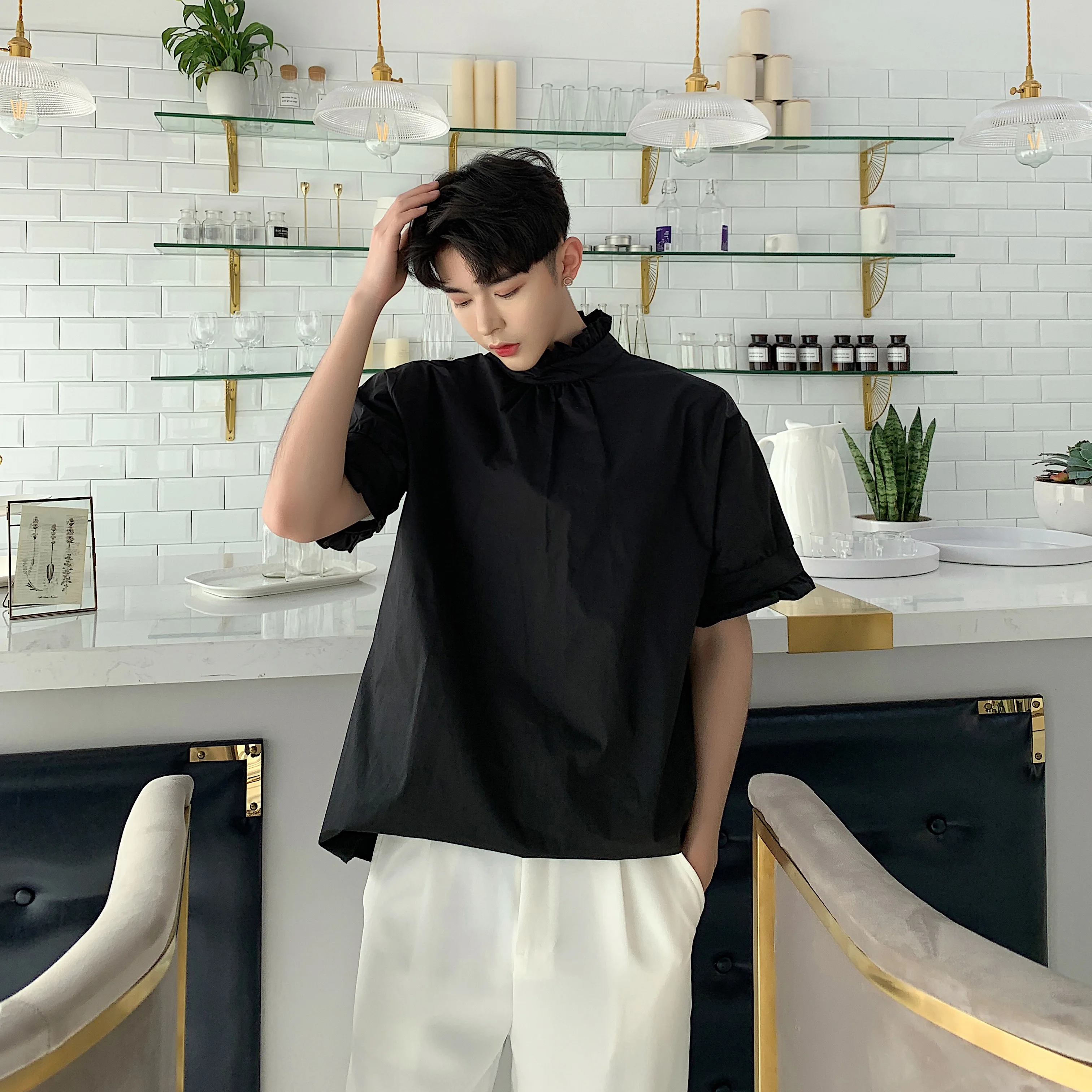 Мужская летняя одежда Свободная Повседневная рубашка с воротником стойкой