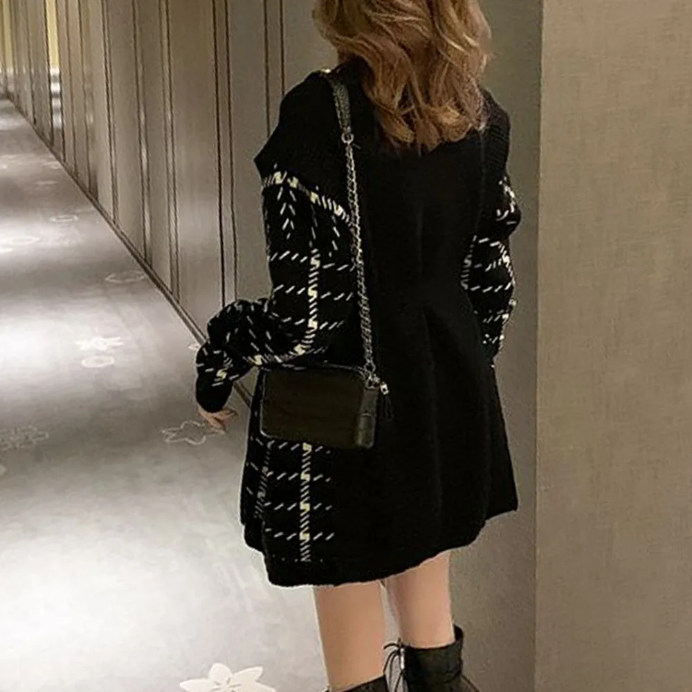 Зима 2020 новое трикотажное мини платье с высокой горловиной сшитое из двух частей