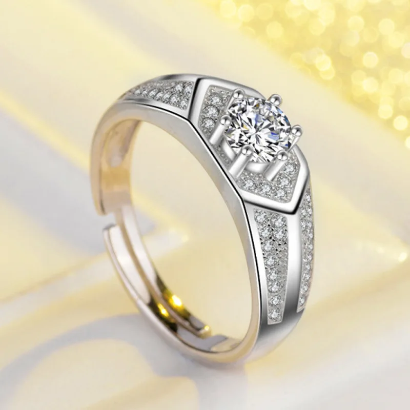 Luxury platinum-plated male diamond ring micro-set classic single-diamond movable mouth adjustable business | Украшения и