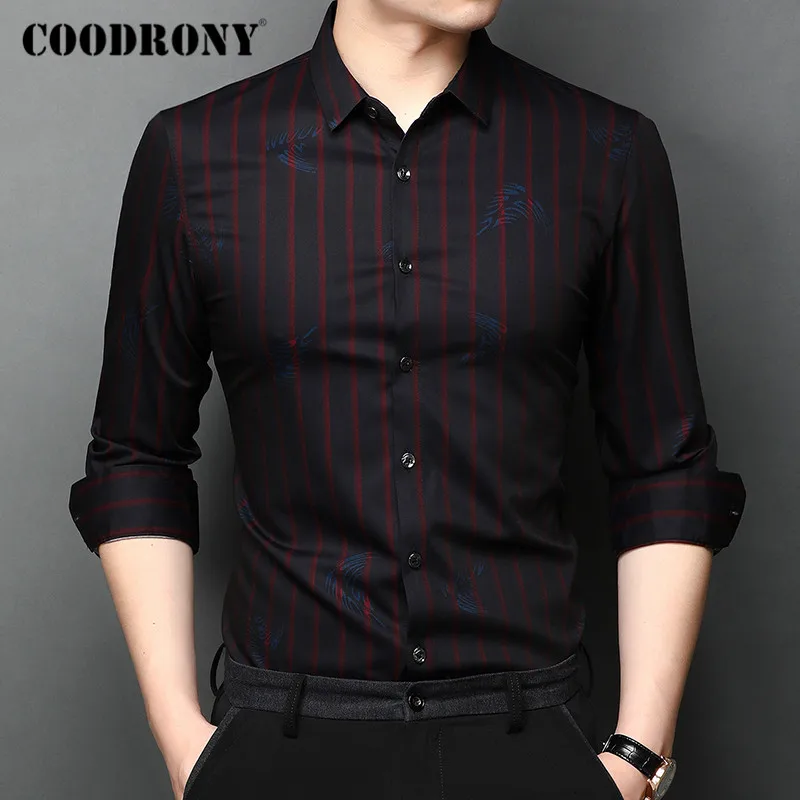 Мужская рубашка в полоску COODRONY брендовая Повседневная с длинным рукавом весна