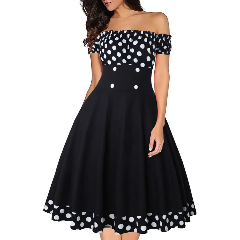 

Women Summer Short Sleeves Polka Dot Off Shoulder Vintage Slim Fity Swing Dress