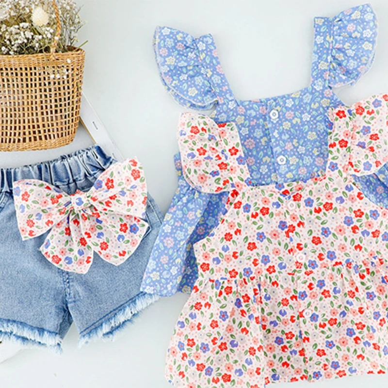 

Baby Girl Summer Two Pieces Red Blue Sleeveless Floral Vest+Denim Shorts Set Infants Cotton Tank Top+Short Pants Outfit