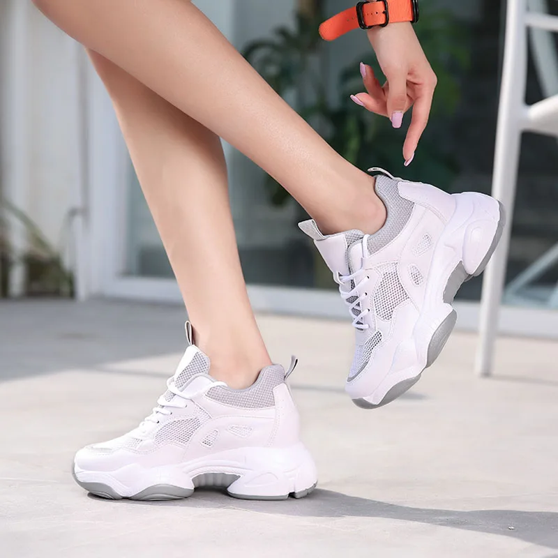 

WDZKN Fashion Inner Increase Women Shoes Breathable Air Mesh Vulcanized Shoes Platform Casual Sneakers Woman Daddy Shoes White