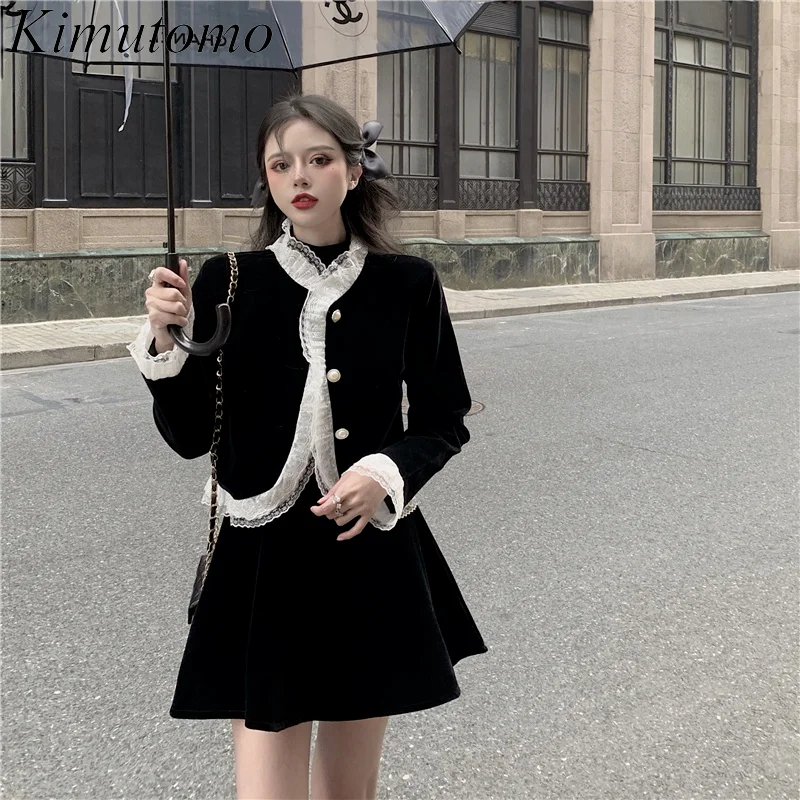

Kimutomo Women Sets Autumn High Street Temperament Sweet Lace Stitching Color Contrast Casual Jacket High Waist Skirt Two-Piece