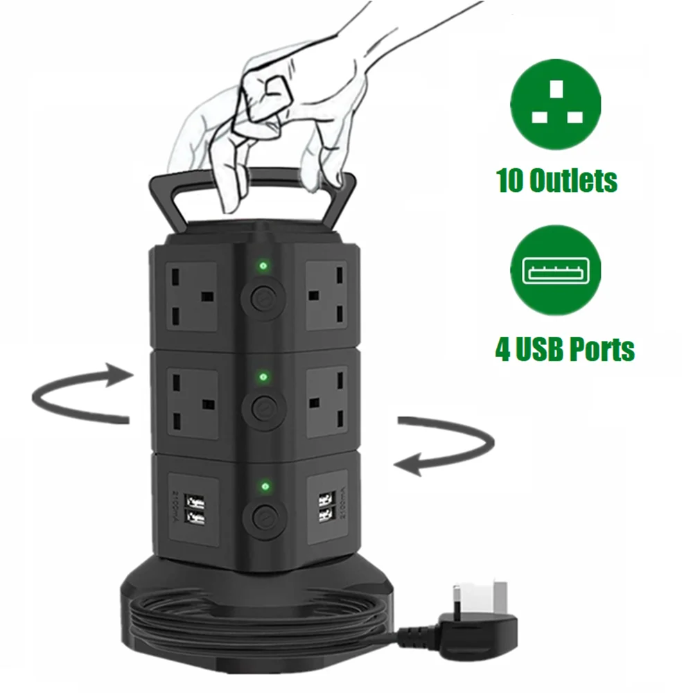 

Multiple Power Strip Surge Protector Vertical Tower 10 Way UK Plug Electric Outlets Socket 4 USB Ports 2m Socket Extension Cable