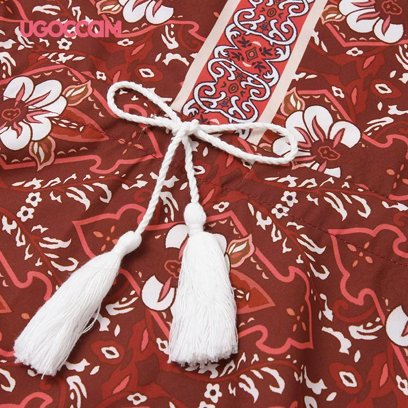 

UGOCCAM Women Dress Summer Sexy V-Neck Print Patchwork Lace-up Casual Short Sleeve Elegant Mini Dress Femme Vestido Playa Mujer