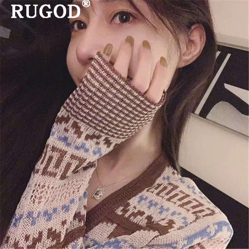 RUGOD Vintage embroidery knitted sweater women Fashion auturm sexy v neck lace up cardigan sweaters female sueter mujer invierno |