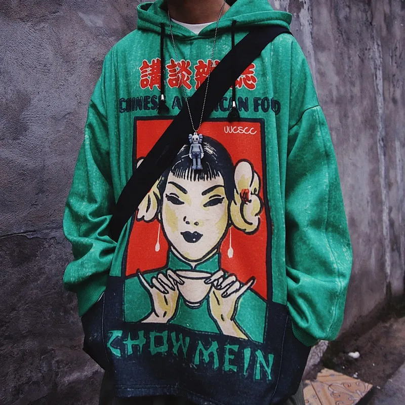 

NiceMix men hoodies Solid printing Spring thin hip-hop personality loose large size vintage male hooded pullover sweatshirt
