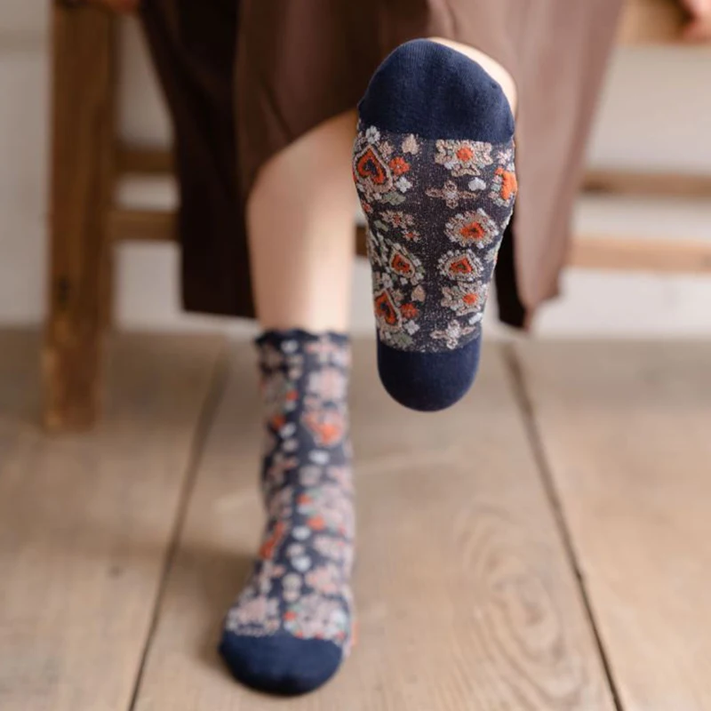 3 Pairs Long Cycling  Winter Socks Women Fashion Print Korean Cotton Socks Pack Street Style Harajuku Flowers Chaussettes Femme