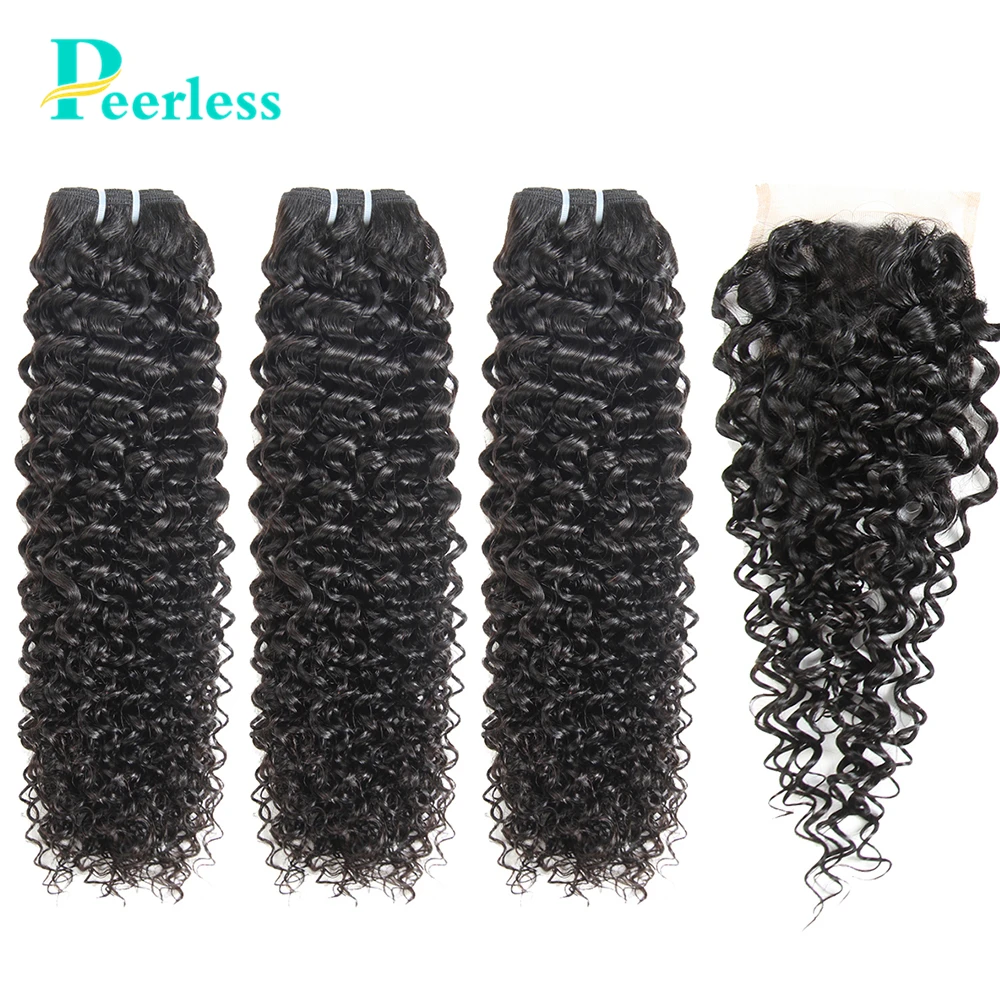 PEERLESS Virgin Hair Weave бразильские кудрявые 3 пряди с закрытием 4*4 швейцарские кружевные необработанные человеческие волосы для наращивания