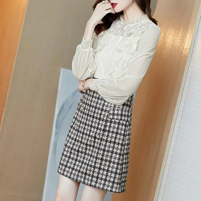 

Women's Spring Autumn Dress Women's Stand Collar Ruffles Long Sleeve Patchwork Korean Elegant Dress AA3466