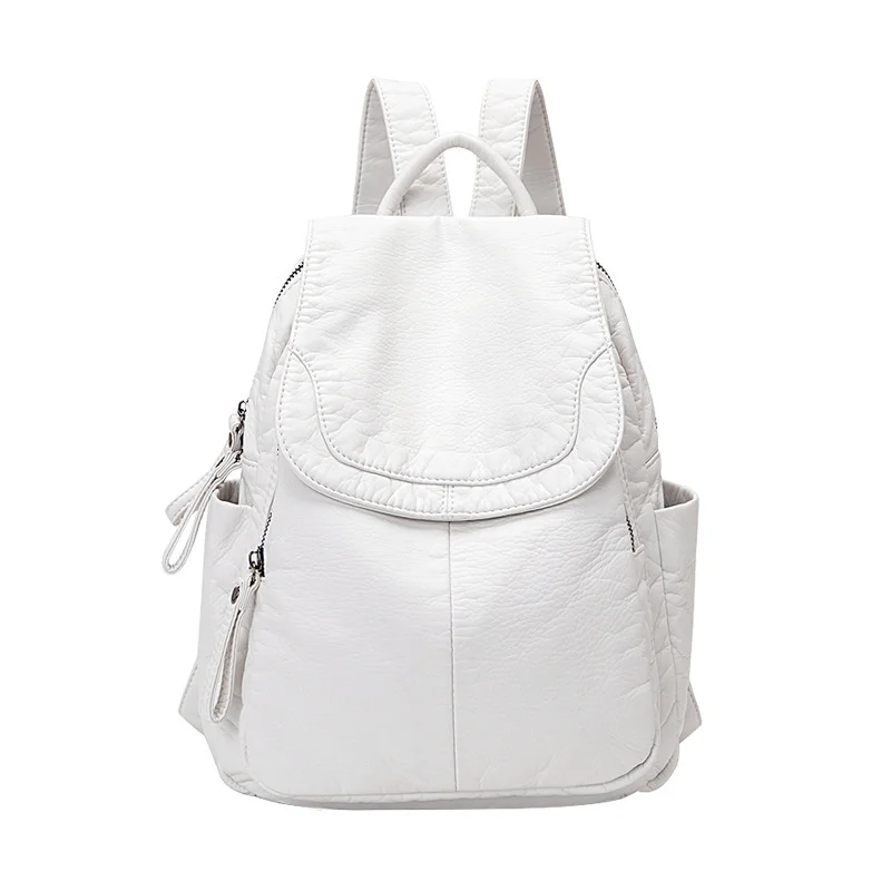 

Women's leisure soft leather backpack, school backpack, young girl white washed leather