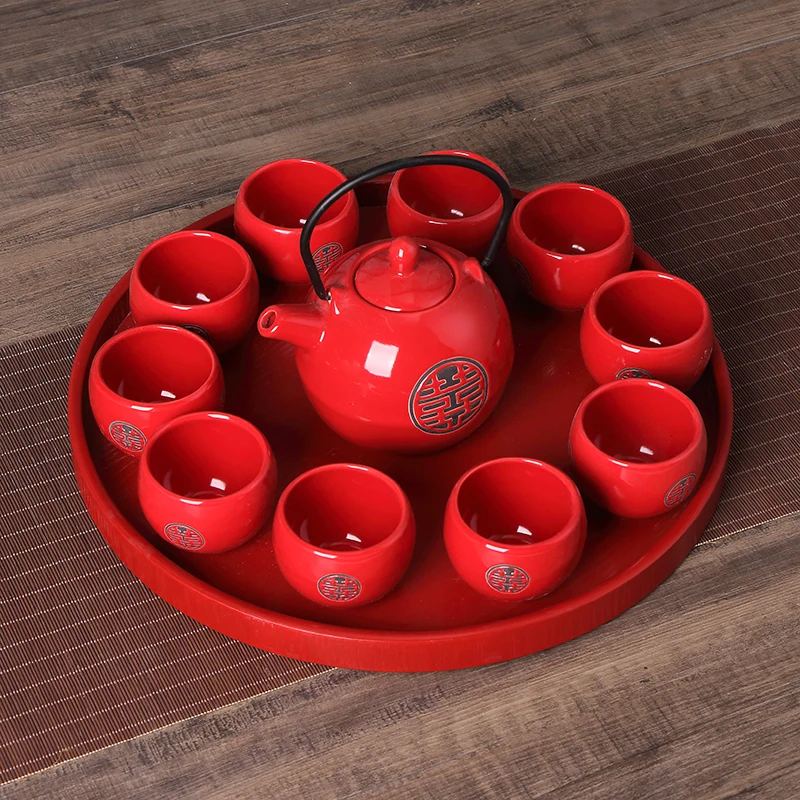 Chinese traditional wedding ceramic tea set Red Double Happiness Teapot Newlywed Gift Home Tea Set Accessories WSHYUFEI - Цвет: As shown