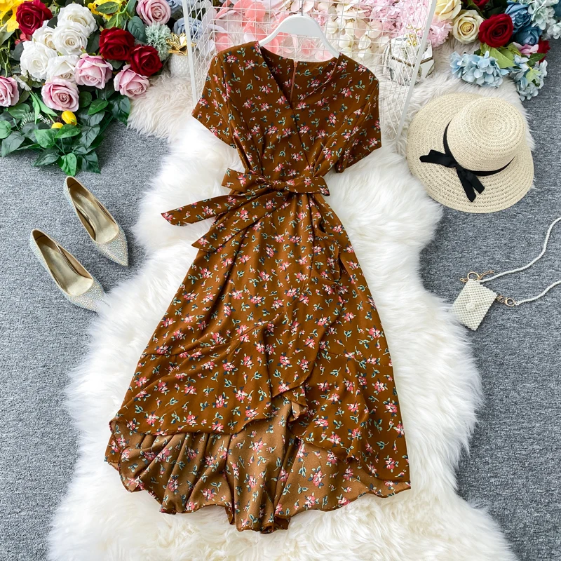 Boho Vintage 2022 floral print ruffles V Neck bandage long chiffon Dress summer Party Women beach holiday irregular tunic dress | Женская