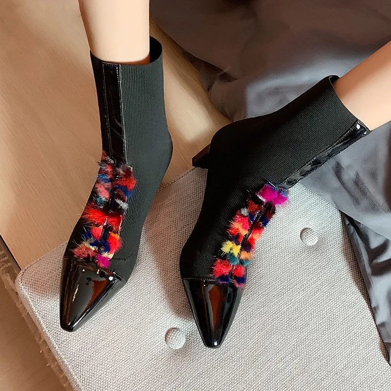 Женские ботильоны эластичная ткань ботинки для носки черный мех шнуровка