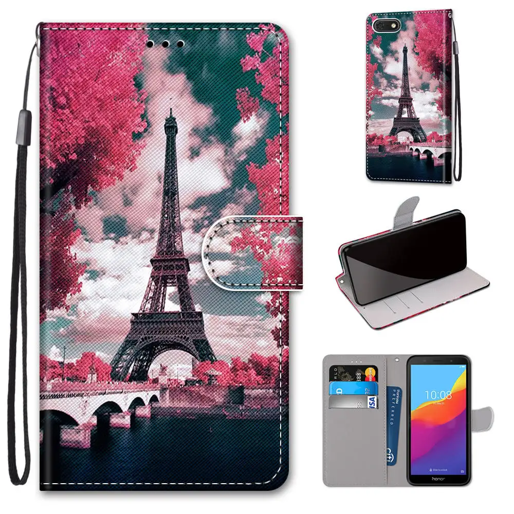 Cute Leather Phone Bags For Cover Huawei Honor 7A 5.45 inch Rose Wallet Case Box Tower Sky for DUA-L22 Flip | Мобильные телефоны и