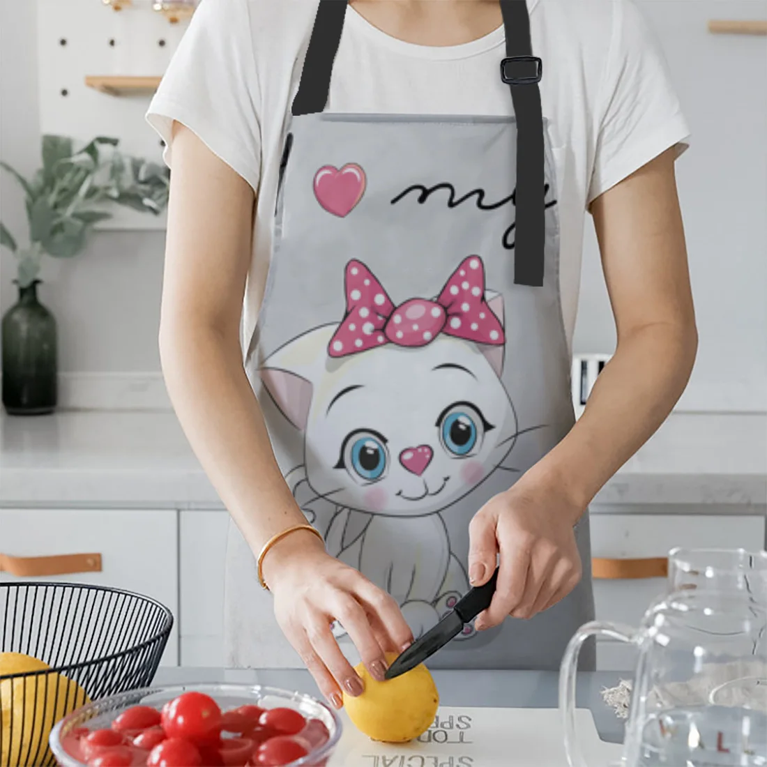 Милый фартук с розовым бантом и изображением котенка из мультфильма перчатки для