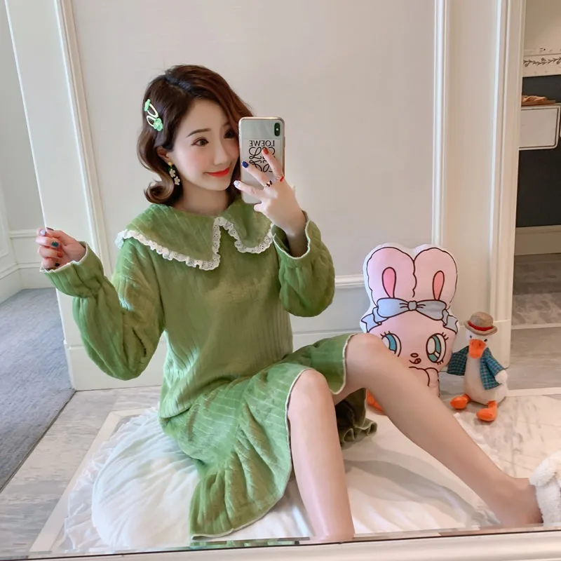 Зимняя теплая ночная рубашка женская фланелевая Сексуальная диагональная Шея