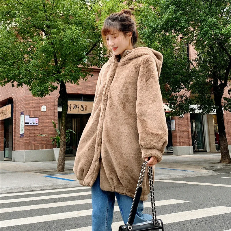 

Ladies Jacket And Coats Winter Fashion Hooded Faux Rabbit Coat Warm Thick Loose Plush Coat Winter Jacket Women Fluffy Jacket