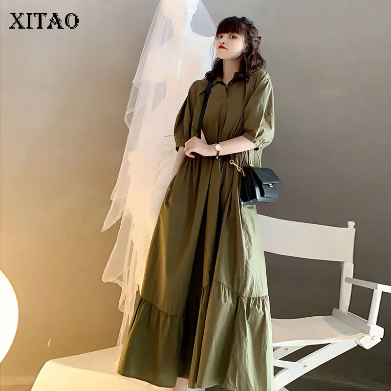 

XITAO Easy Korea Pocket Solid Color Pleated Dress 2021 Summer New Short Sleeve Turn-down Collar Casual All Match CLL1887
