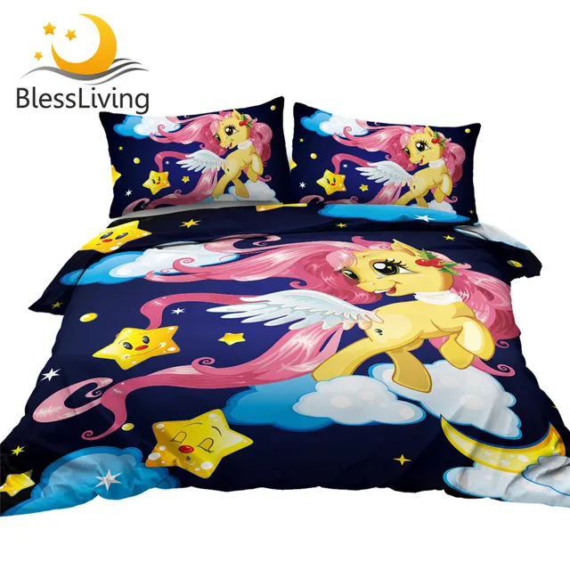 BlessLiving Funny Horse Bedding Set Angel With Wings Duvet Cover Cute Stars Moon Bedspreads Cartoon for Kids Bedclothes 3pcs 1