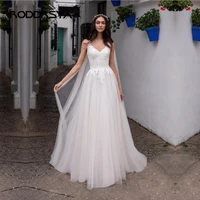 2021spaghetti straps boho wedding dresses v neck beach bride dress sweep train bohemian robe de mariee a line tulle lace mariage