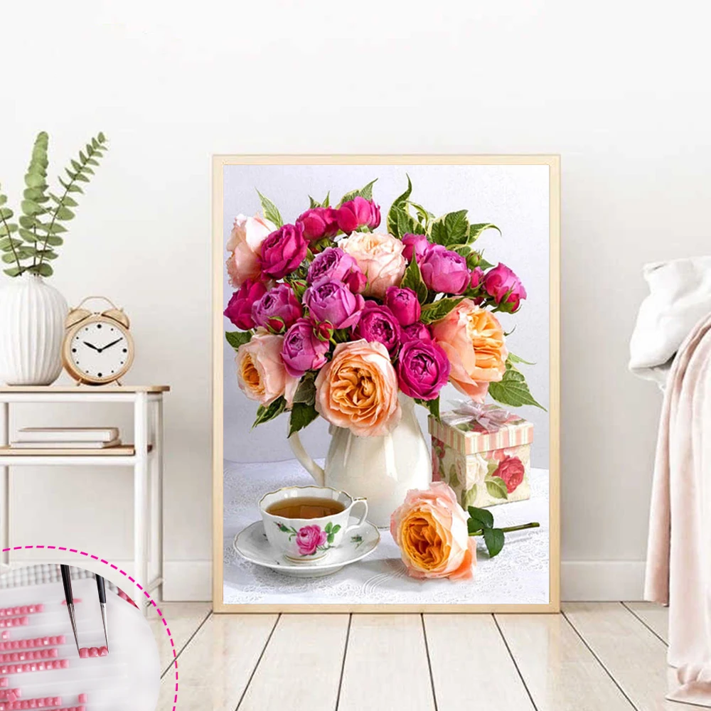 

HUACAN DIY Diamond Painting Flower Rose Diamond Mosaic Vase Full Square/Round Drill Embroidery Home Decor Gift