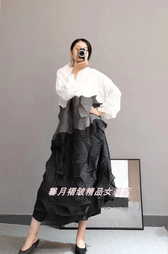 Miyake модные раза Алмазный плиссированное платье с рукавом три четверти в стиле пэчворк, воротник-стойка, свободные бутон платье