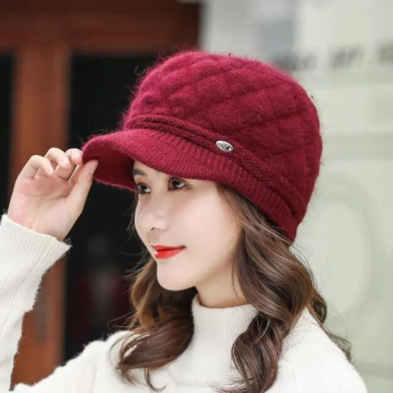 Autumn Winter Hats for Women Warm Thick Rabbit Fur Hats Women Newsboy Berets Ladies With Woolen Knitted Hat Female Caps