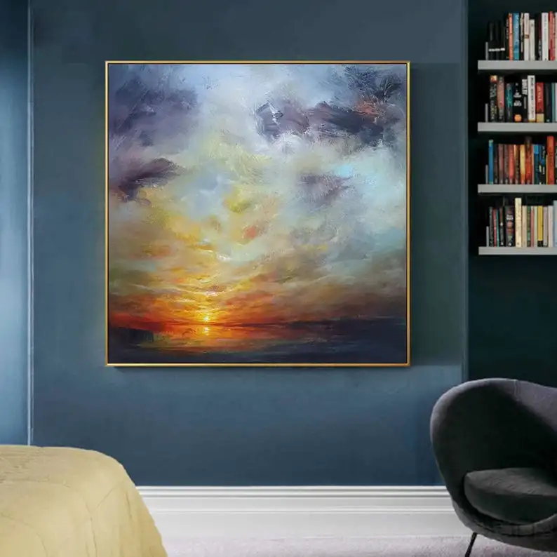 Sunset Painting Landscape Canvas Cloud Sky Abstract Oversize Wall Art Gold Yellow | Дом и сад