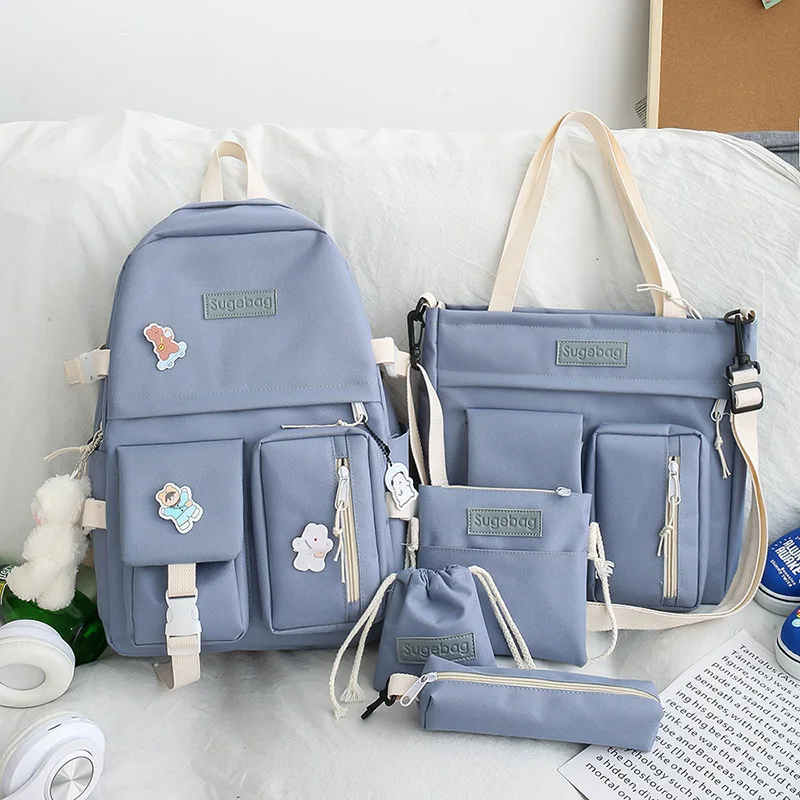 

5Pcs/set Canvas School Backpacks Women New School Bags for Teenage Girls Bookbags Students Travel Shoulder Bags Ladies Rucksack