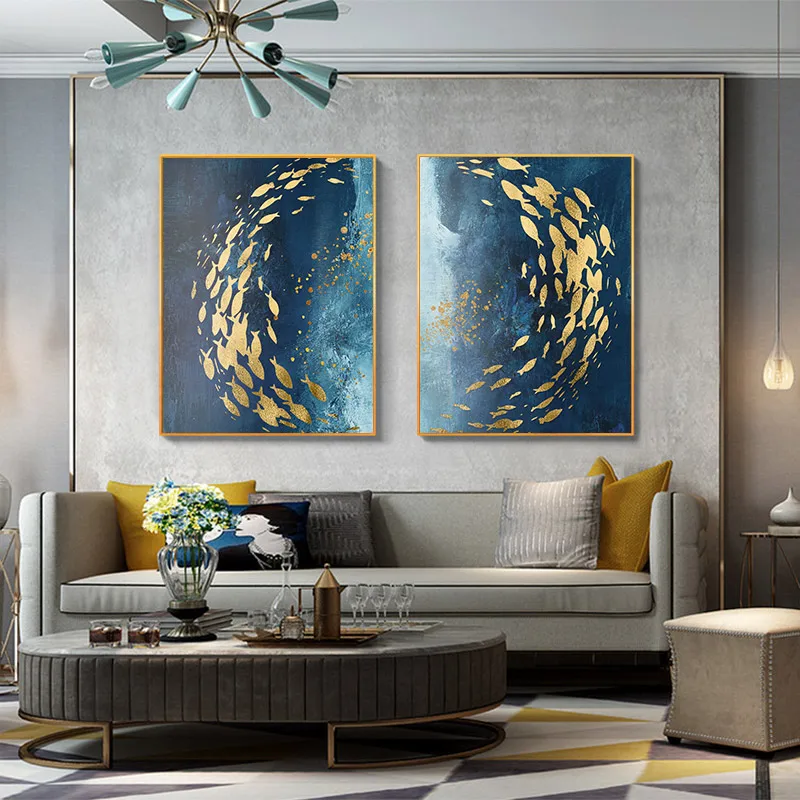 

Abstract Golden Fish Blue Sea Wall Art Canvas Painting And Print Contemporary Wall Poster Minimalist Modern Living Room Decor