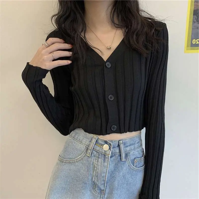 

Woman Sweaters Cardigan Black Sweater With High-Waisted Trousers Knitted Cardigan Spring V-neck Small Top Sueters De Mujer