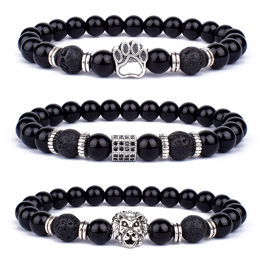 Vintage Lion Head Beaded Bracelets Men Obsidian Lava Stone Dog Paw Charm Bracelets & Bangles for Women Friendship Jewelry Gift