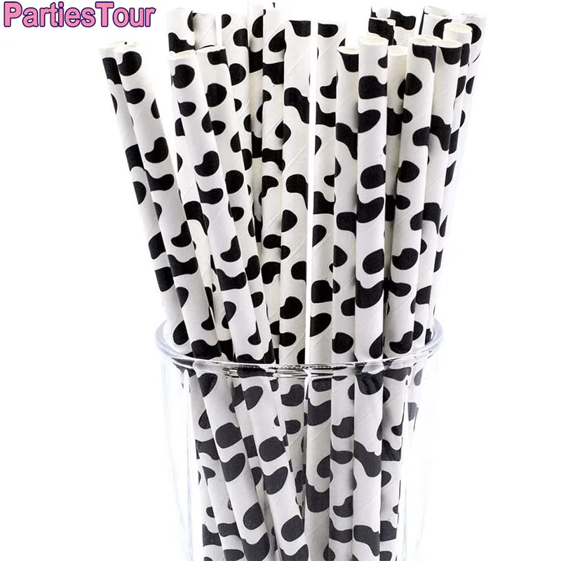 

20X Cow Print Biodegradable Drinking Paper Straw Black White Straw for Farm Cow Themed Brithday Disposable Drinking Paper Straws
